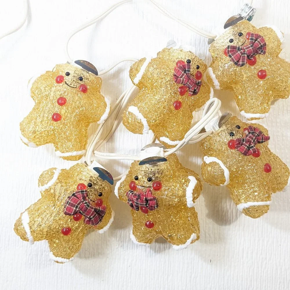 Vintage Gingerbread‎ men cookies string Lights Christmas bowtie caps 6 ft decor